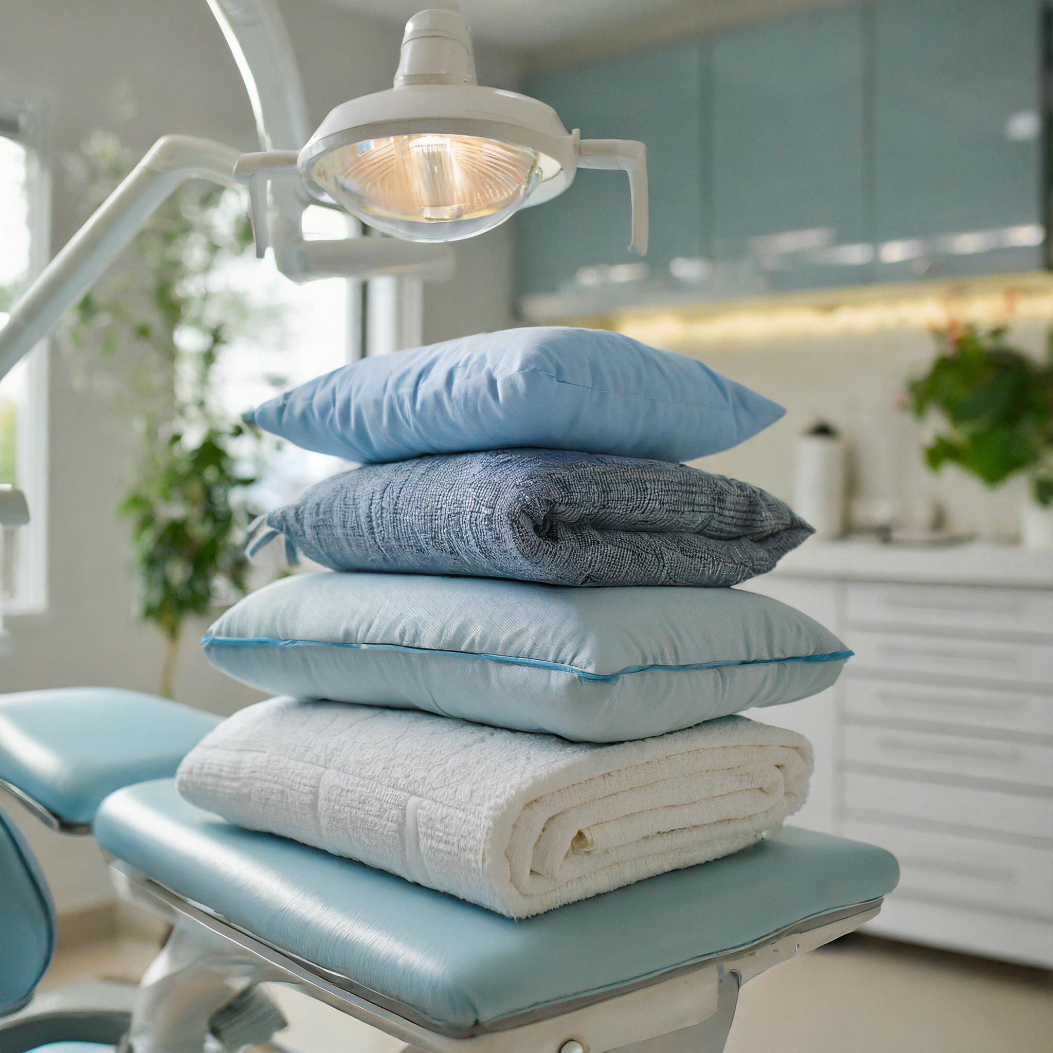 Dental office amenities including pillows and blankets for patient comfort.