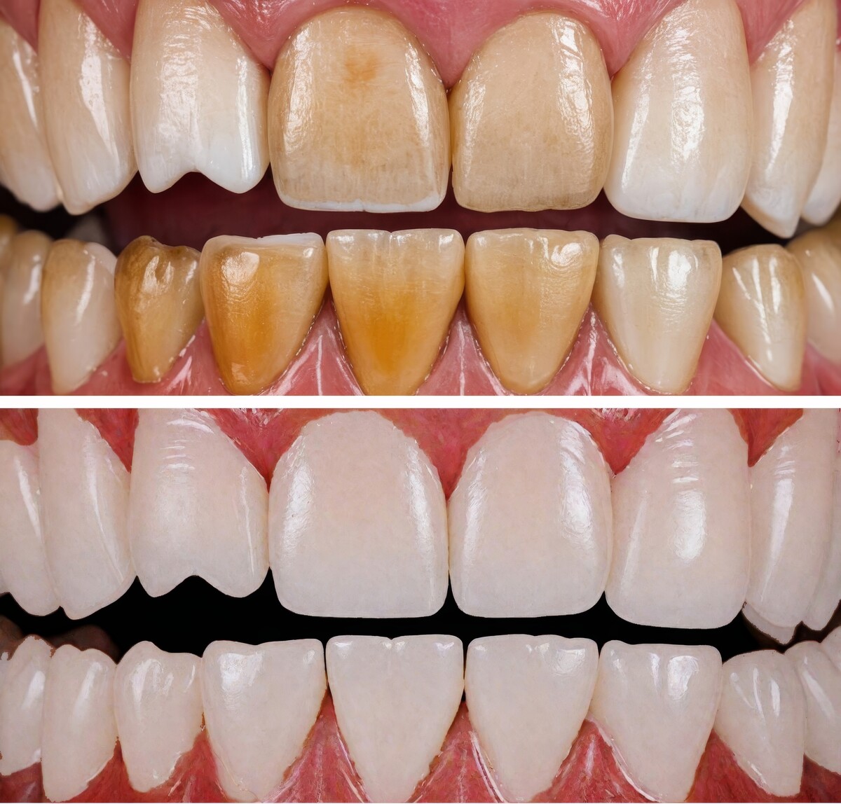 Before-and-after comparison showing teeth discoloration improved with dental bonding