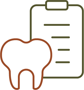 Icon of a tooth and clipboard representing evaluation of existing dental work