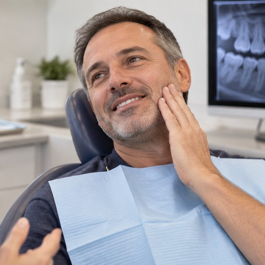 Patient experiencing tenderness during dental implant recovery